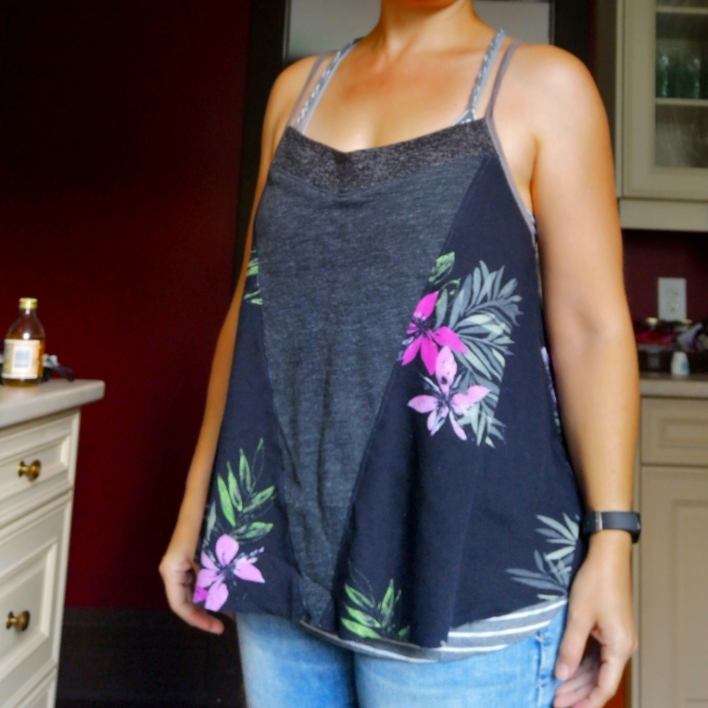 HANDMADE Pink/Black Floral Tank Top With Swing Body + Adjustable Straps, Medium